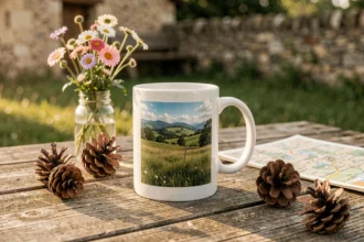 Gobelet personnalisé avec photo posé sur une table en bois rustique dans un gîte de campagne, entouré d'éléments naturels
