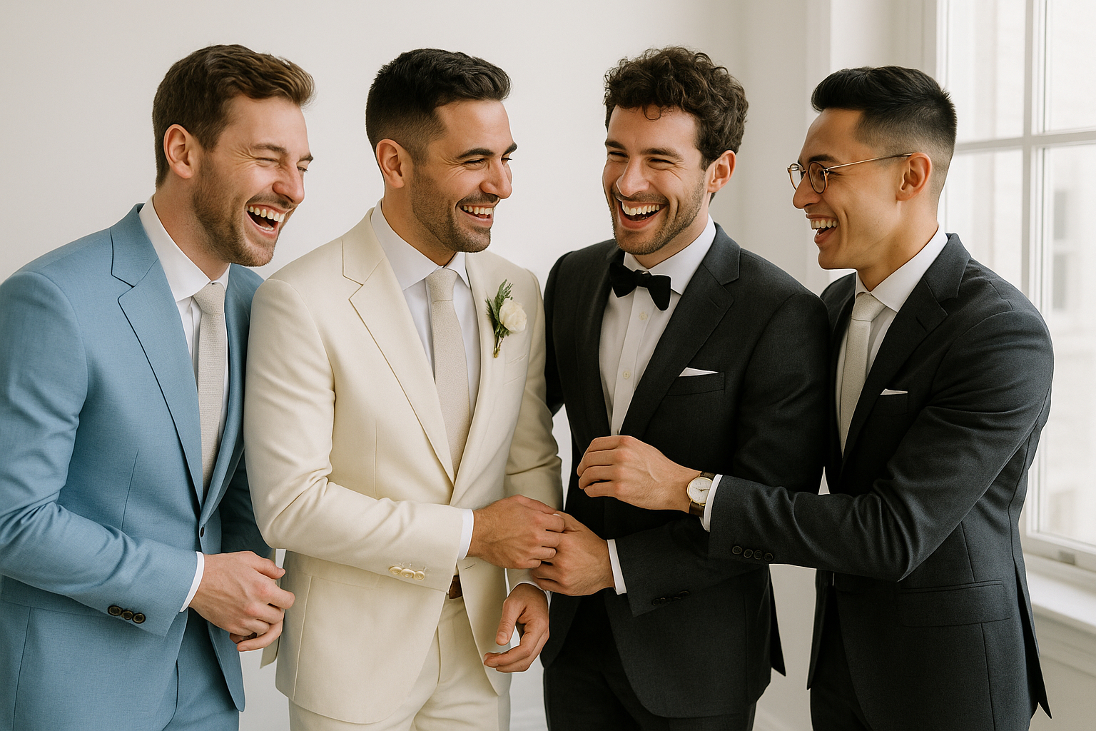 Grooms riant en ajustant leurs costumes pastel dans une pièce lumineuse
