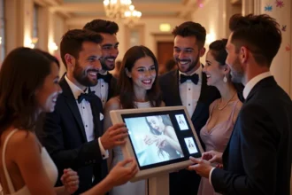 Groupe d'amis lors d'une réception de mariage avec photo booth