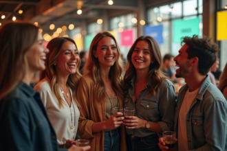 Groupe d'amis souriants autour d'un photobooth lors d'une soirée
