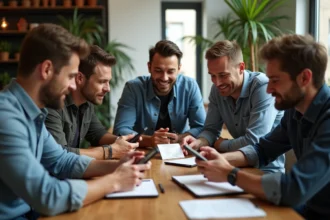 Groupe d'amis partageant la facture dans un appartement moderne