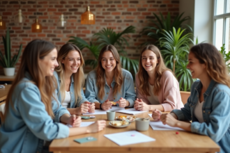 Femmes souriantes autour d'une table moderne pour une fête conviviale