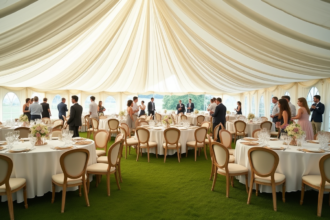 Groupe d'invités élégants dans une tente de réception en plein air