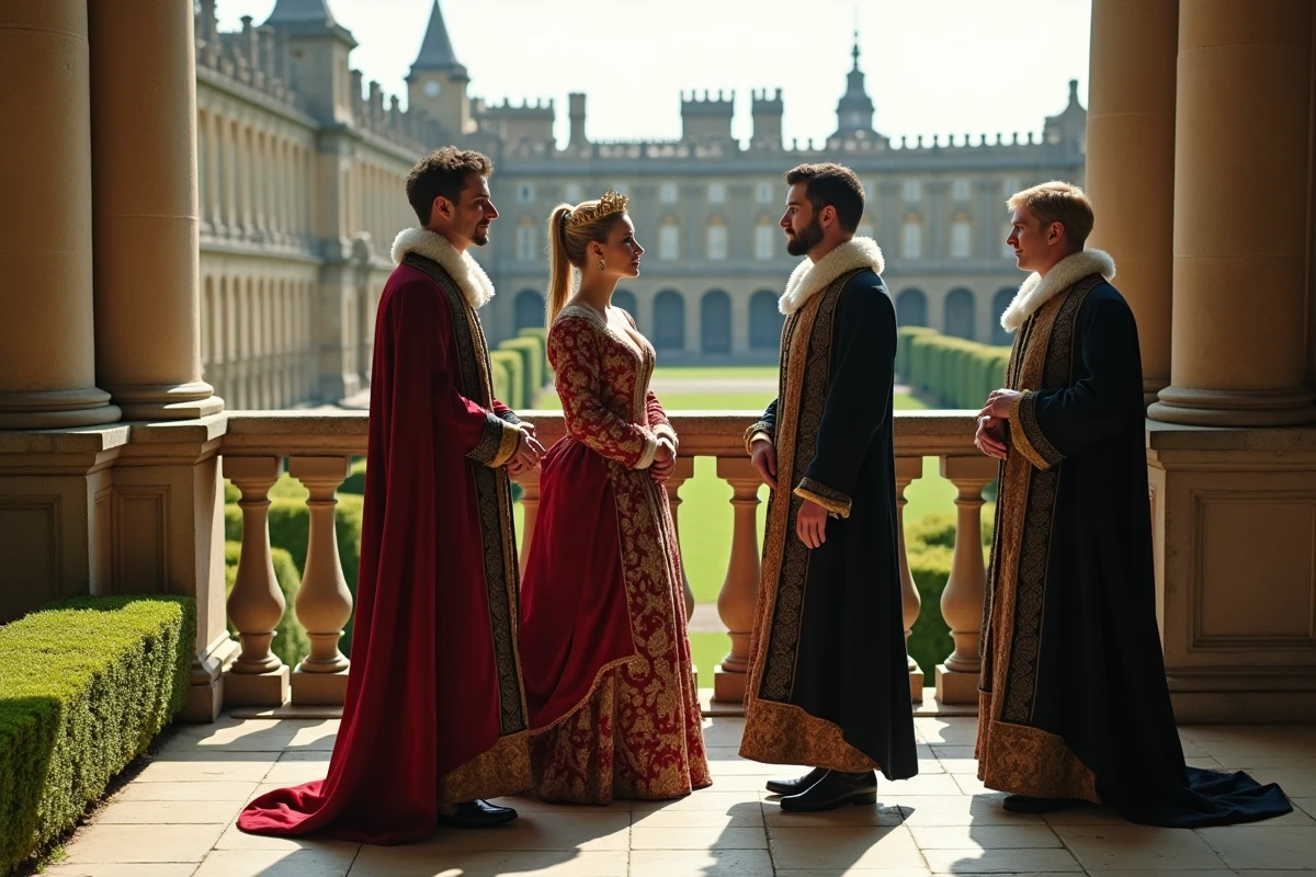 Groupe de nobles Tudor dans un jardin royal