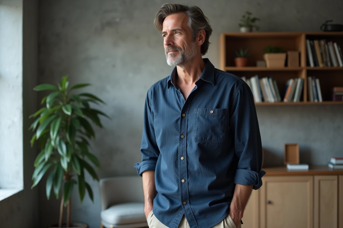 Homme calme près d'une fenêtre dans un appartement moderne, illustrant un portrait discret lié à Ambroise