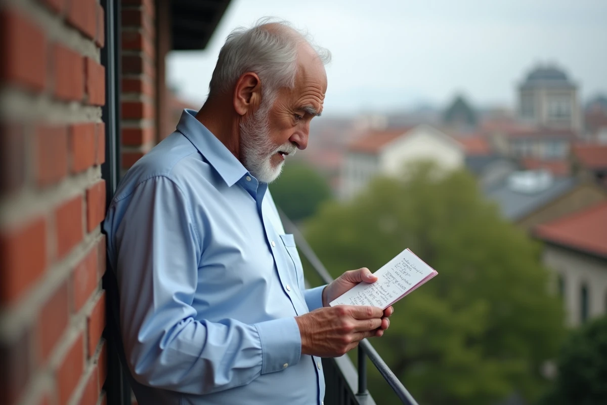 Homme âgé lisant une carte de mariage sur un balcon urbain