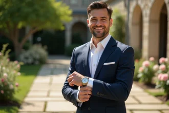 Homme souriant en costume bleu dans un jardin en mariage