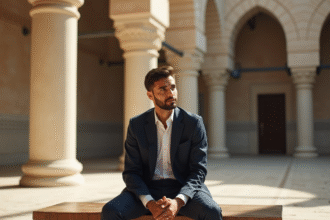 Homme en costume dans la cour de mosquee ensoleillee