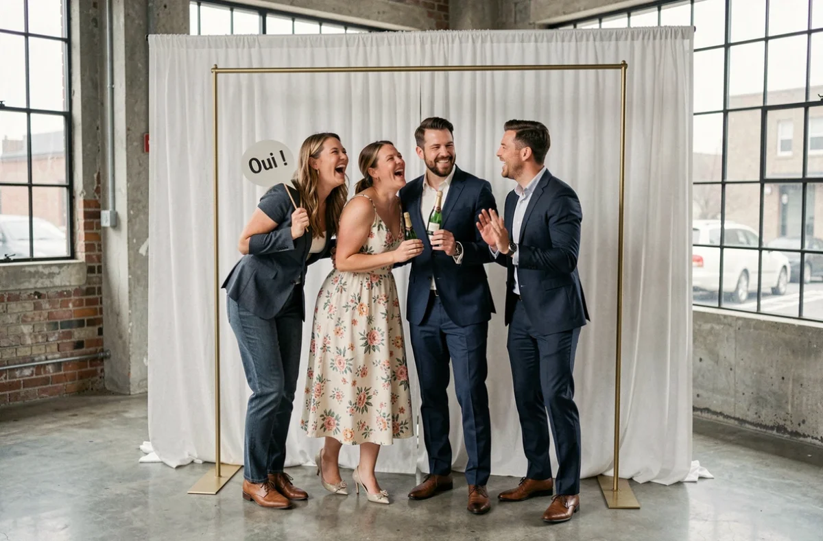 Groupe d'invités de mariage riant devant un photobooth minimaliste à arche dorée dans un espace événementiel contemporain