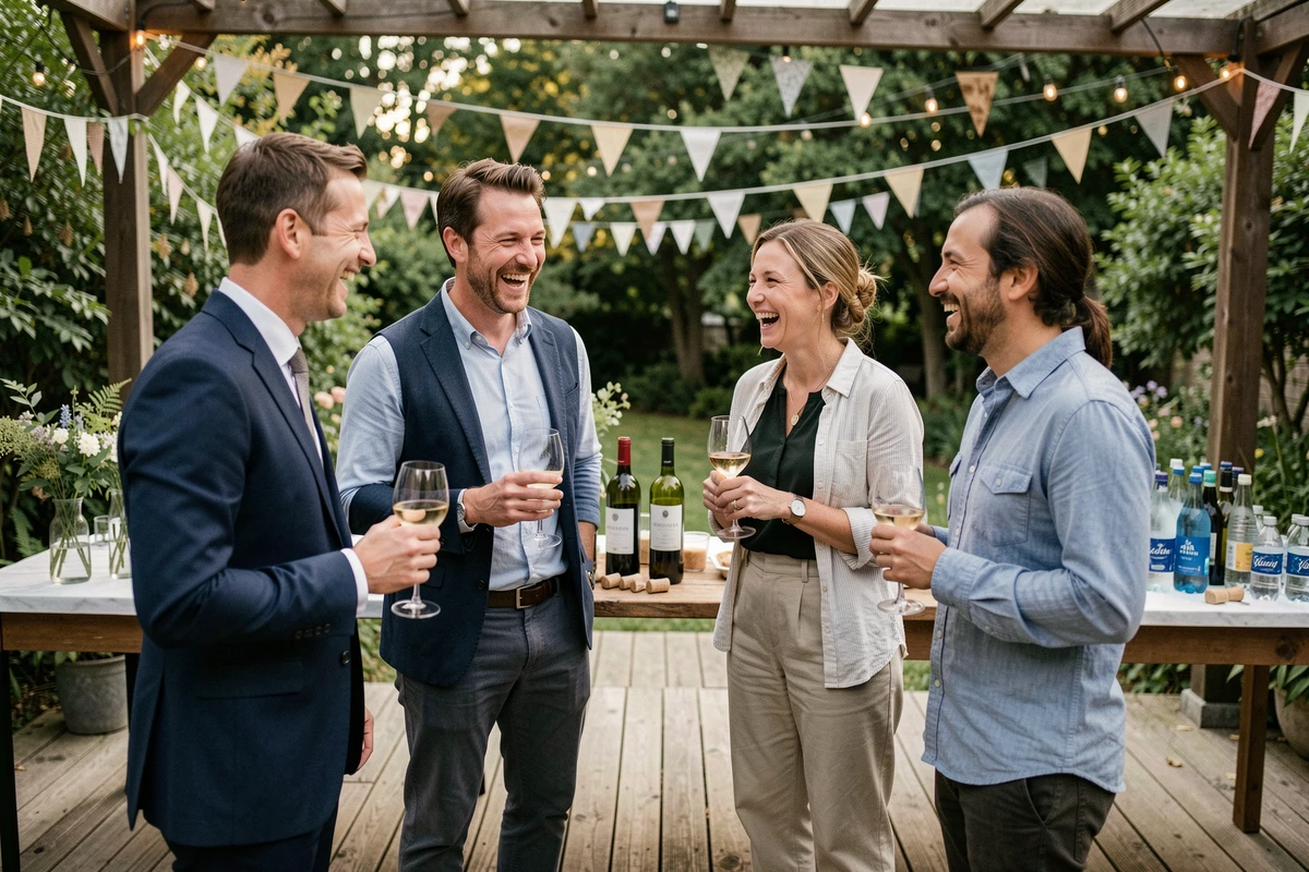 Groupe d'invités joyeux tenant des verres de vin lors d'un vin d'honneur mariage convivial et économique sur une terrasse décorée