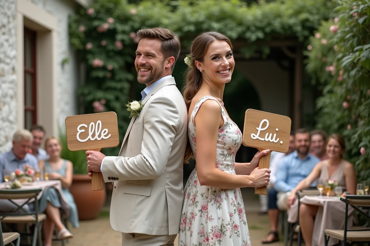 Mariés dos à dos tenant des panneaux Elle et Lui lors d'un jeu de mariage en plein air avec un petit groupe d'invités dans un jardin fleuri