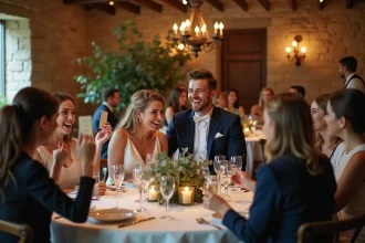 Couple de mariés jouant à un jeu de questions-réponses avec leurs proches lors d'une réception de mariage intime en petit comité dans une salle rustique