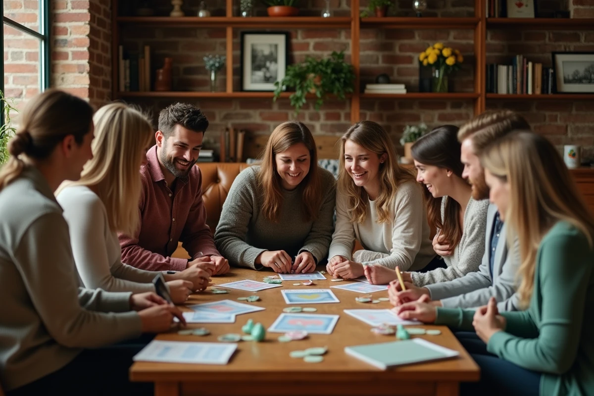 Groupe d'invités réunis autour d'un jeu de société lors d'un mariage en petit comité dans un salon décoré avec une ambiance chaleureuse et conviviale