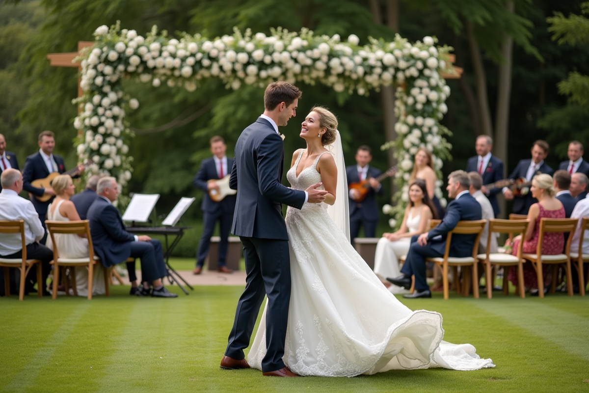 Jeune couple danse lors d’un mariage en plein air