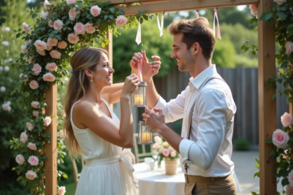 Jeune couple décorant une arche de jardin pour mariage