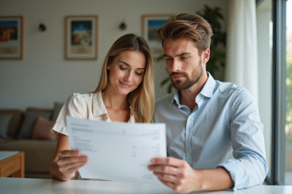 Jeune couple de mariés regardant une facture de lune de miel