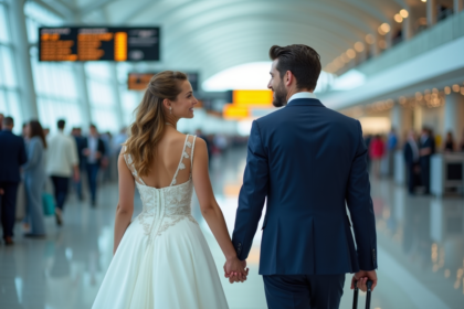 Jeune couple de mariés à l'aéroport en marche