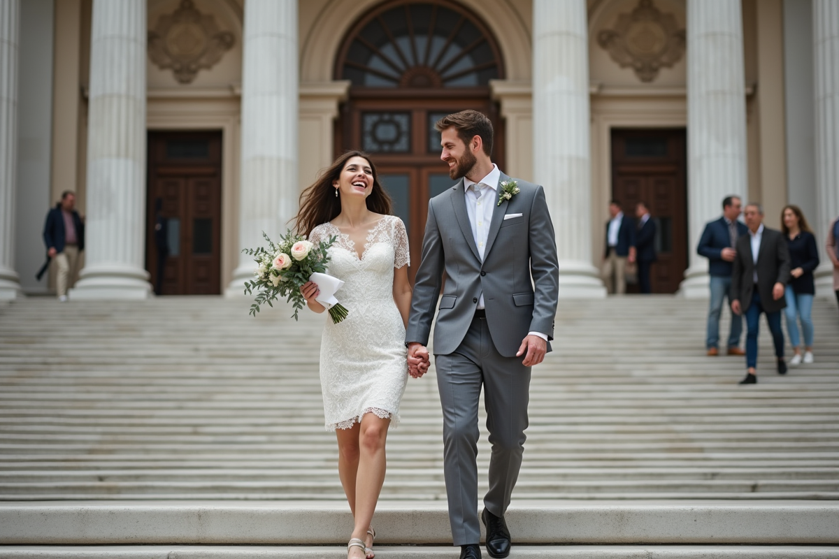 Jeune couple souriant en descendant les marches d