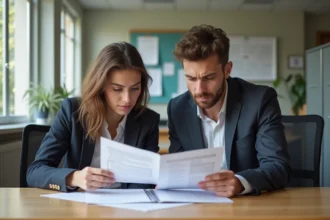 Jeune couple examine documents de mariage dans mairie moderne