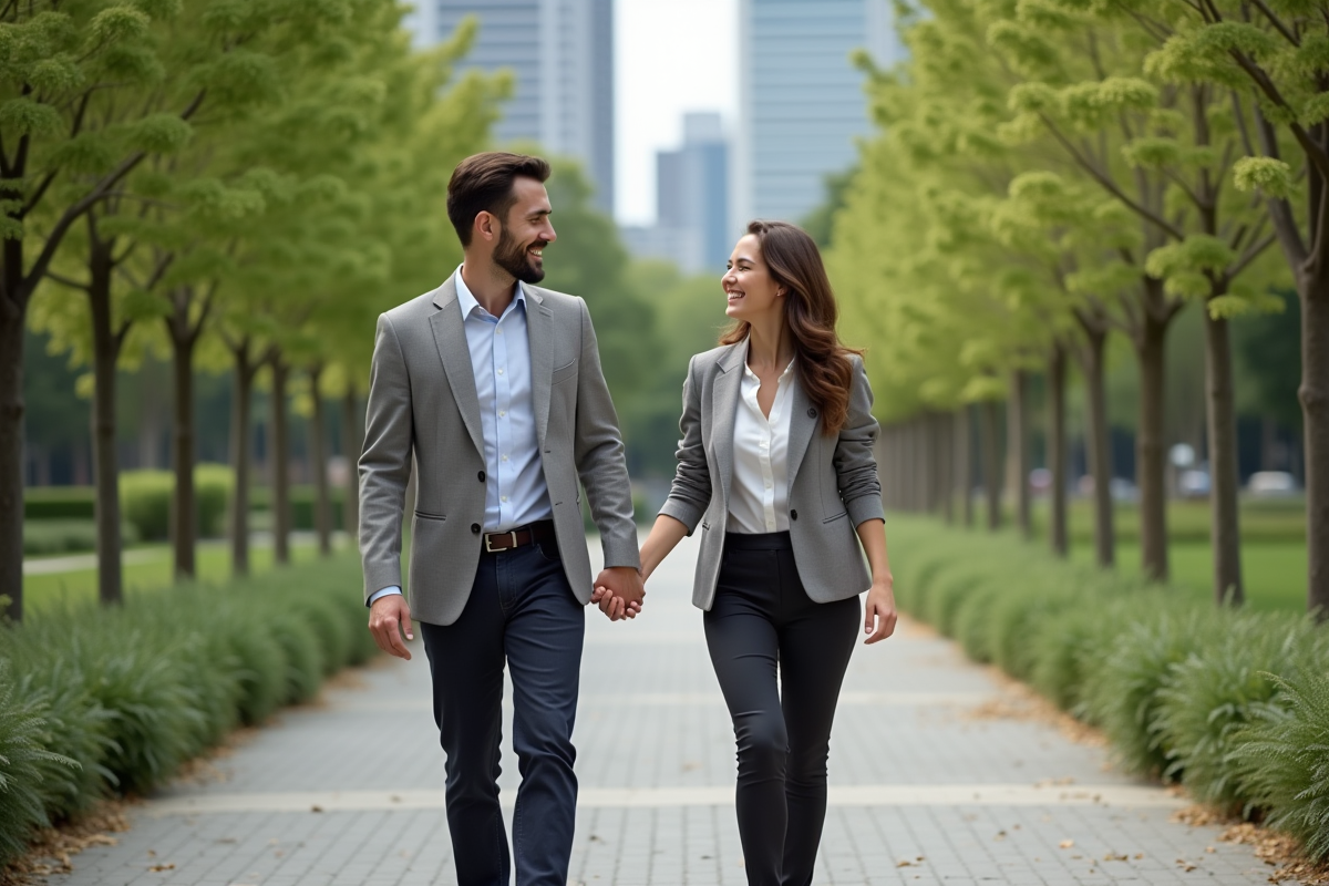 Jeune couple marchant main dans la main dans un parc urbain