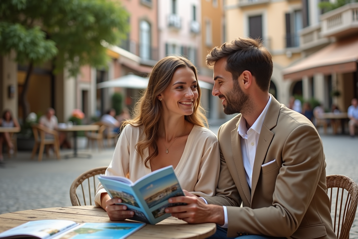 Jeune couple en voyage discutant dans un café européen