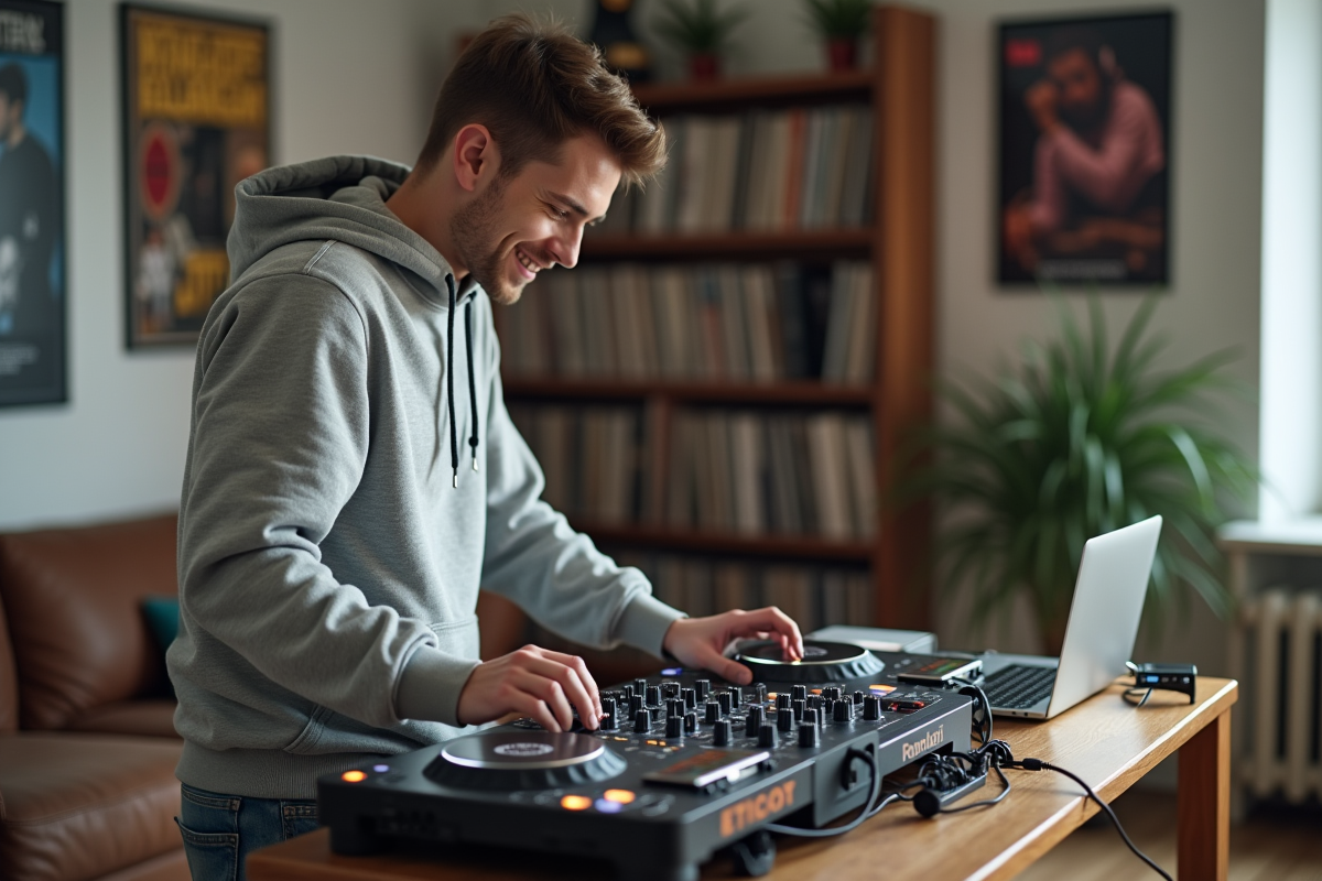 Jeune DJ homme en pratique à la maison avec contrôleur