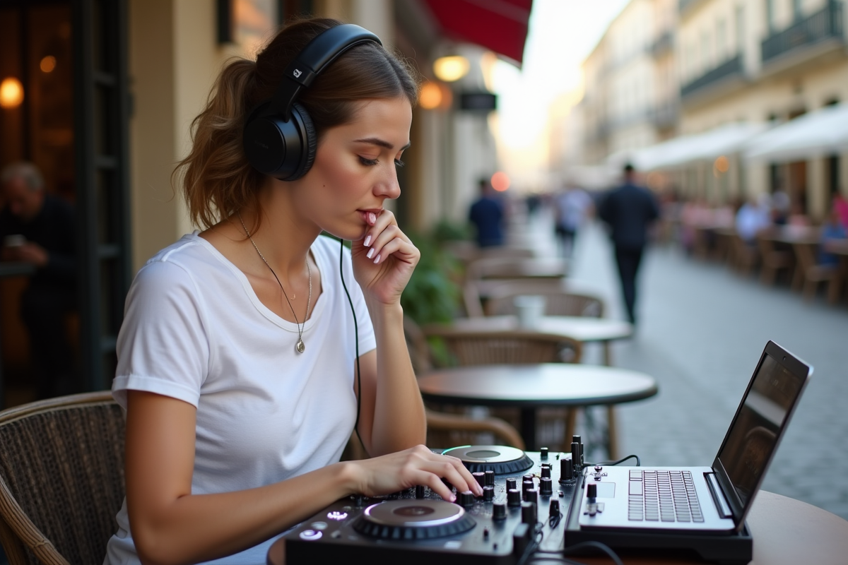 Jeune femme DJ en extérieur dans un café urbain
