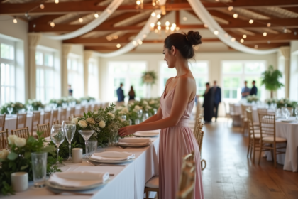 Jeune femme en robe blush arrangeant des fleurs lors d'un mariage