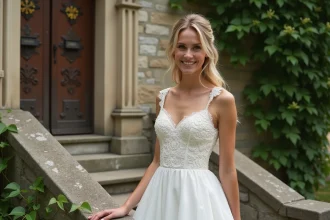 Jeune femme souriante en robe de mariée blanche devant une église