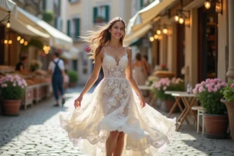 Femme joyeuse en robe de mariée florale dans une rue pavée