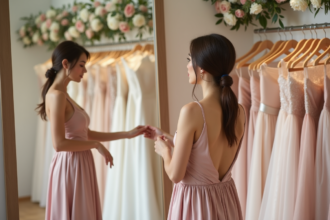 Jeune femme en robe de soirée contemplant un miroir dans une boutique de mariage