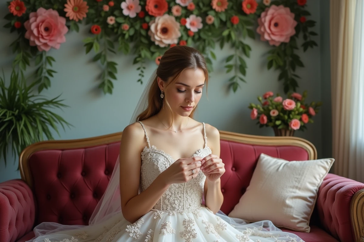 Jeune mariée assise dans un salon avec décoration florale