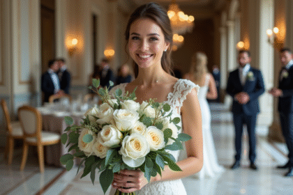 Jeune mariée en robe blanche avec bouquet de fleurs