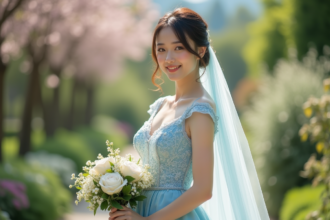 Jeune mariée en robe pastel dans un jardin ensoleille