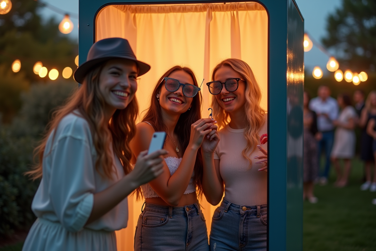 Jeunes posant avec accessoires dans un photobooth en extérieur