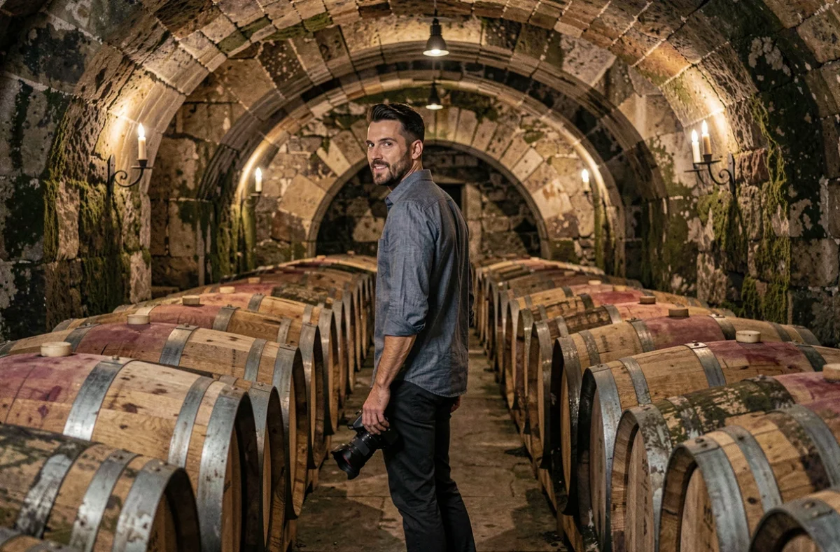 Jordan Chaleix, photographe de mariage en Gironde, dans un chai bordelais parmi les barriques de chêne sous les voûtes en pierre