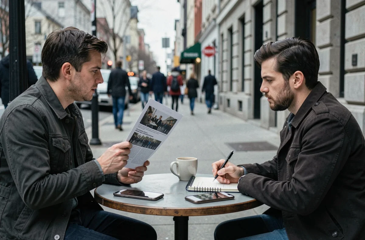 Deux journalistes analysant une photographie de mariage imprimée à une terrasse de café urbain à Montréal