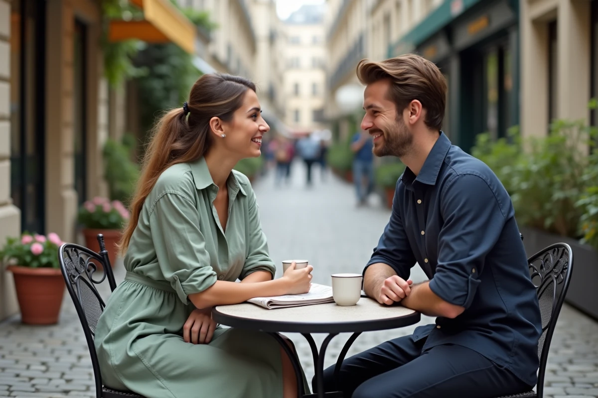 Couple élégant assis en terrasse parisienne avec café et journal dans une atmosphère intime et naturelle