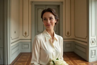 Portrait élégant d'une femme en blouse ivoire tenant un bouquet de roses blanches dans un appartement parisien classique