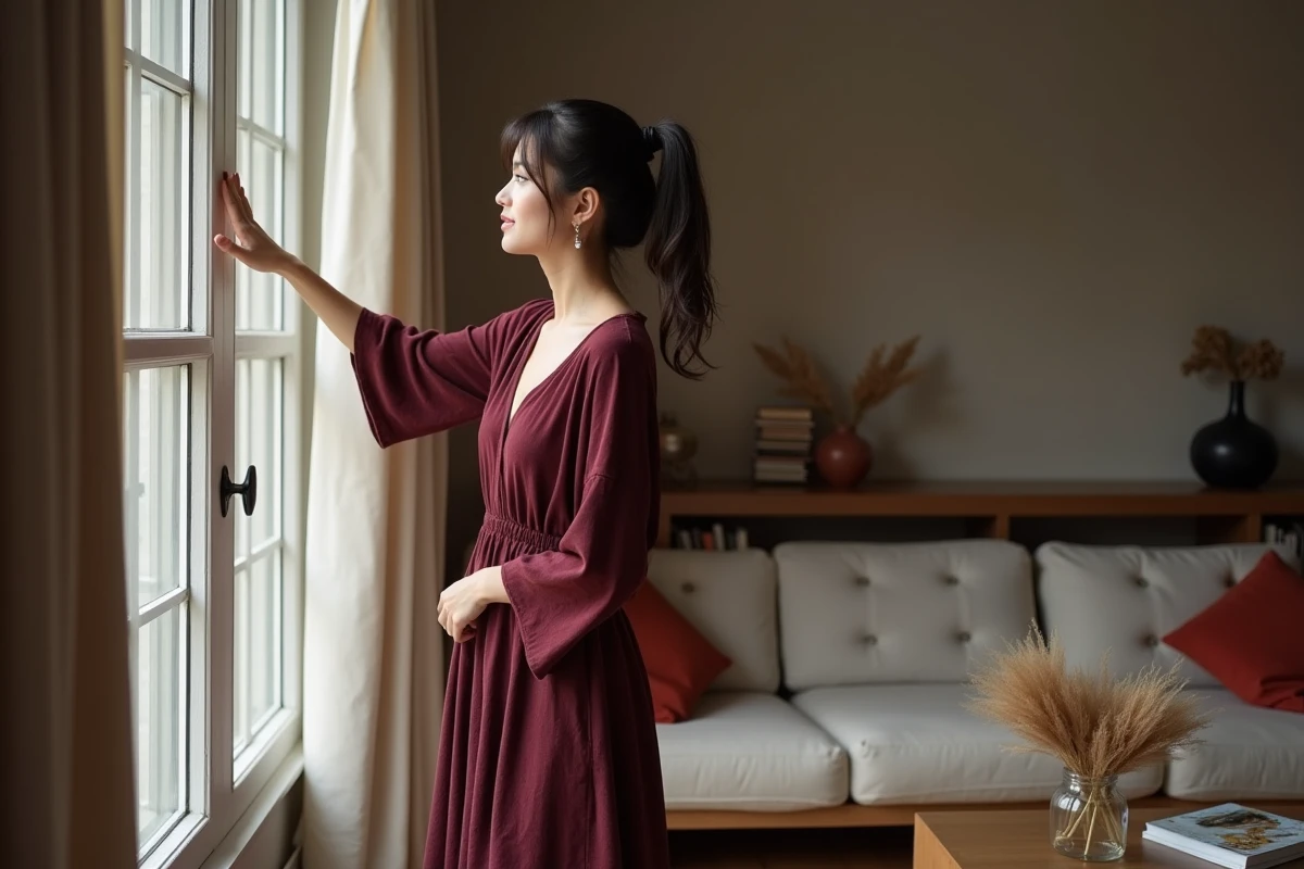 Femme pensive en robe bordeaux près d'une fenêtre dans un salon moderne et chaleureux au décor raffiné