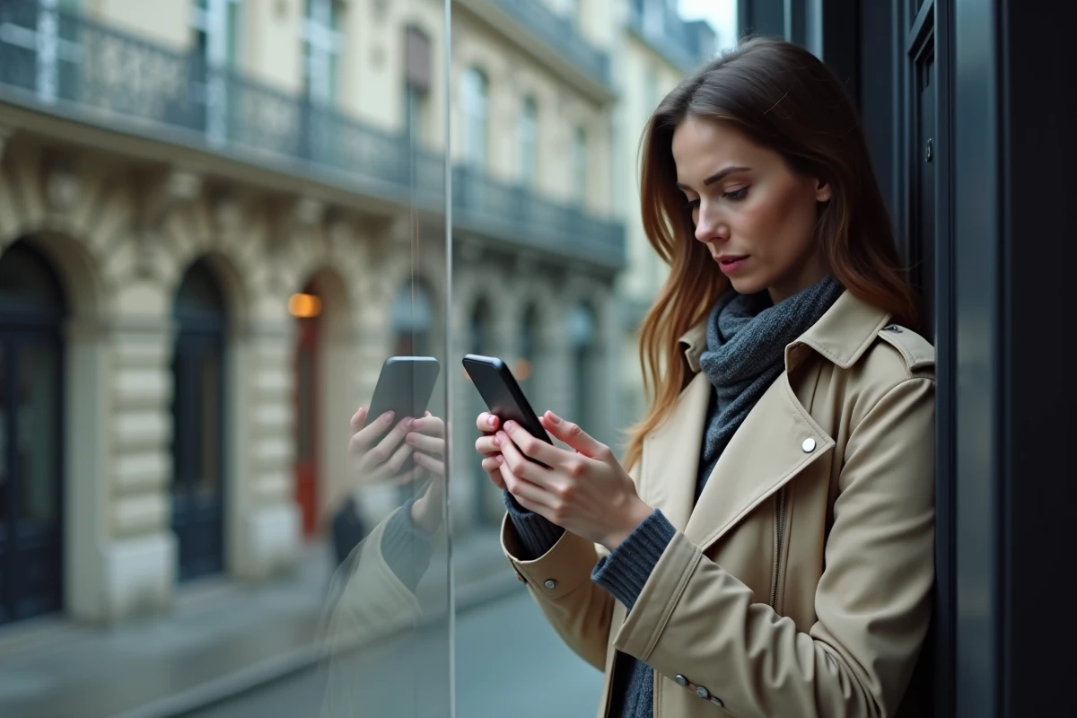 Femme lisant sur son smartphone un article partagé sur les réseaux sociaux concernant la rumeur de mariage entre Alexandre Benalla et Aurore Bergé
