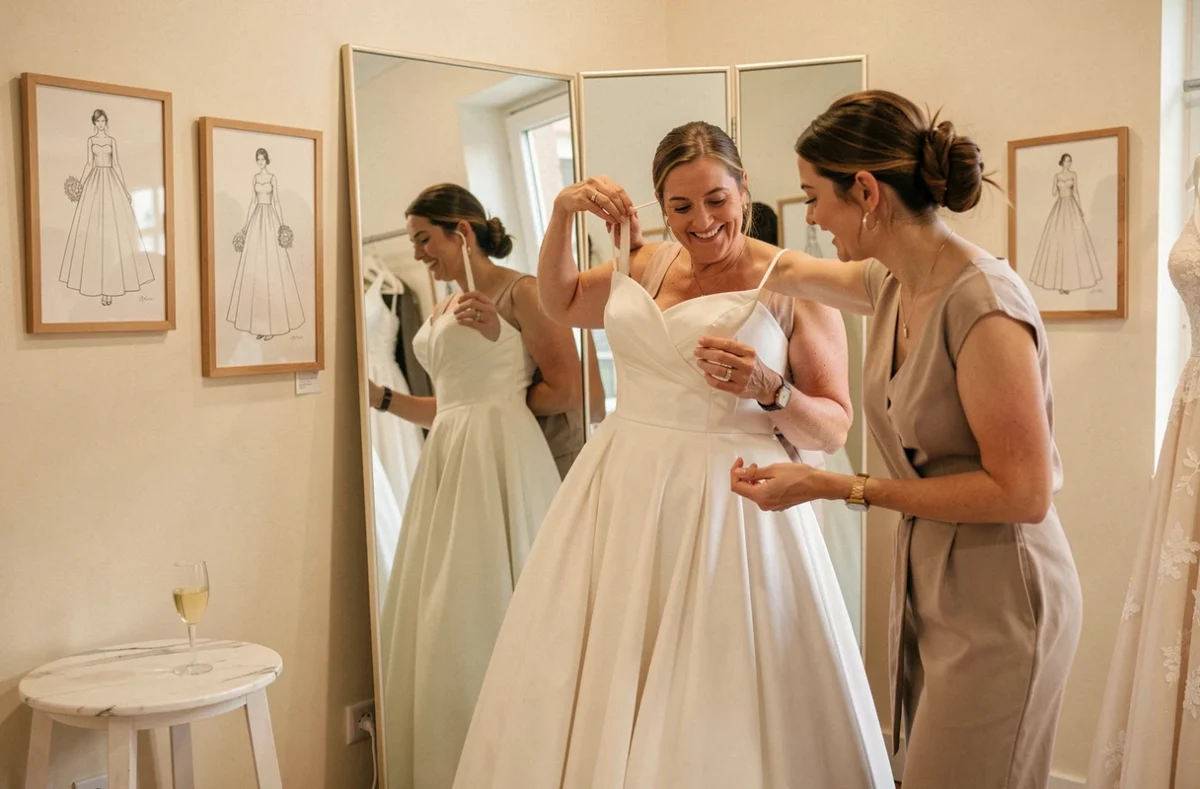 Consultante des Mariées de Carole accompagnant une future mariée lors d'un essayage personnalisé dans le Nord