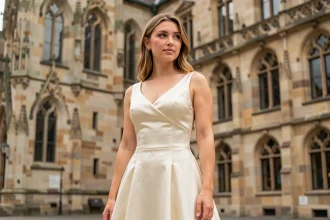 Mariée portant une robe de mariée louée à Strasbourg devant la mairie, style civil chic et élégant