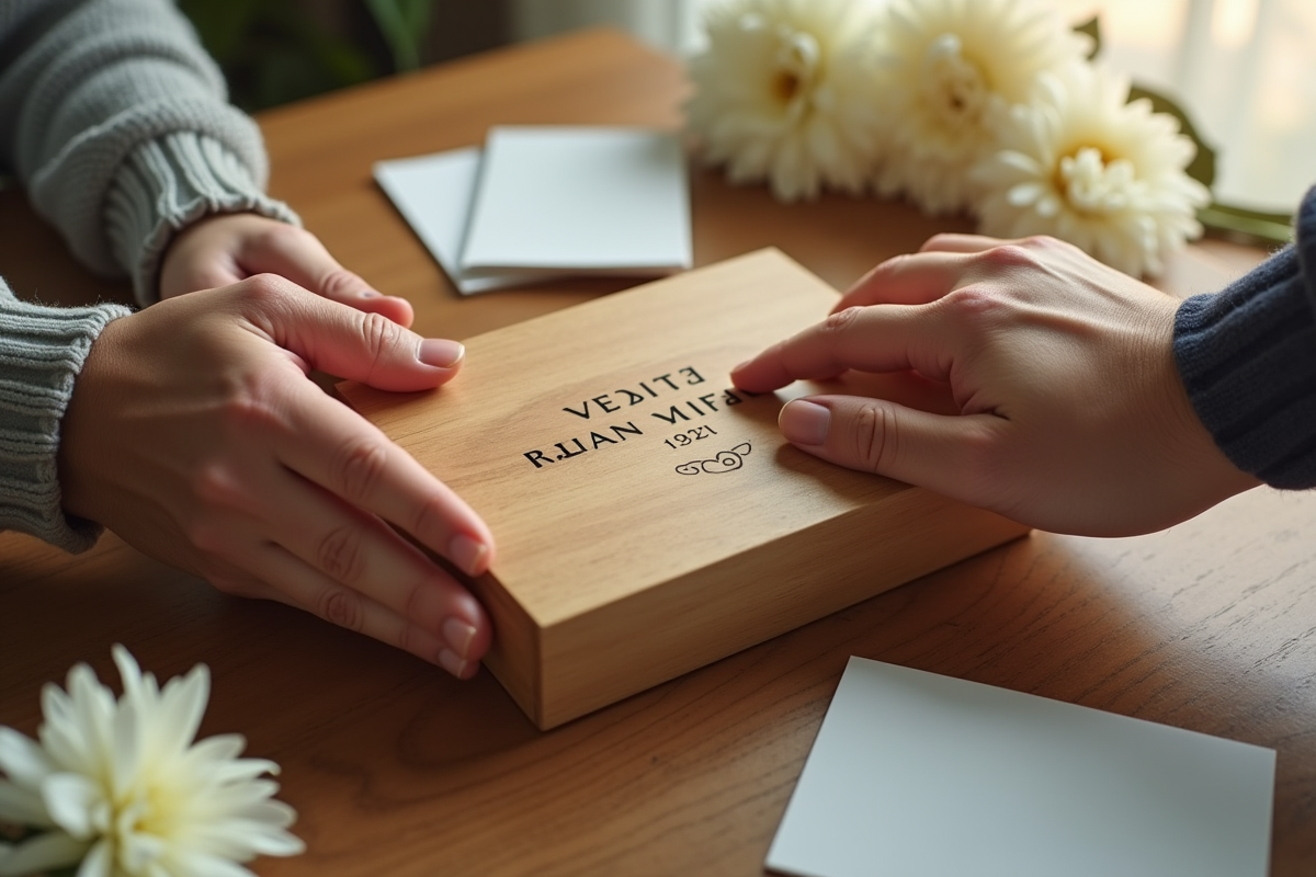 Mains tenant souvenir en bois avec cartes et fleurs blanches