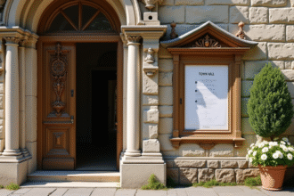 Entrée d'une mairie ancienne avec affiche de mariage en pierre
