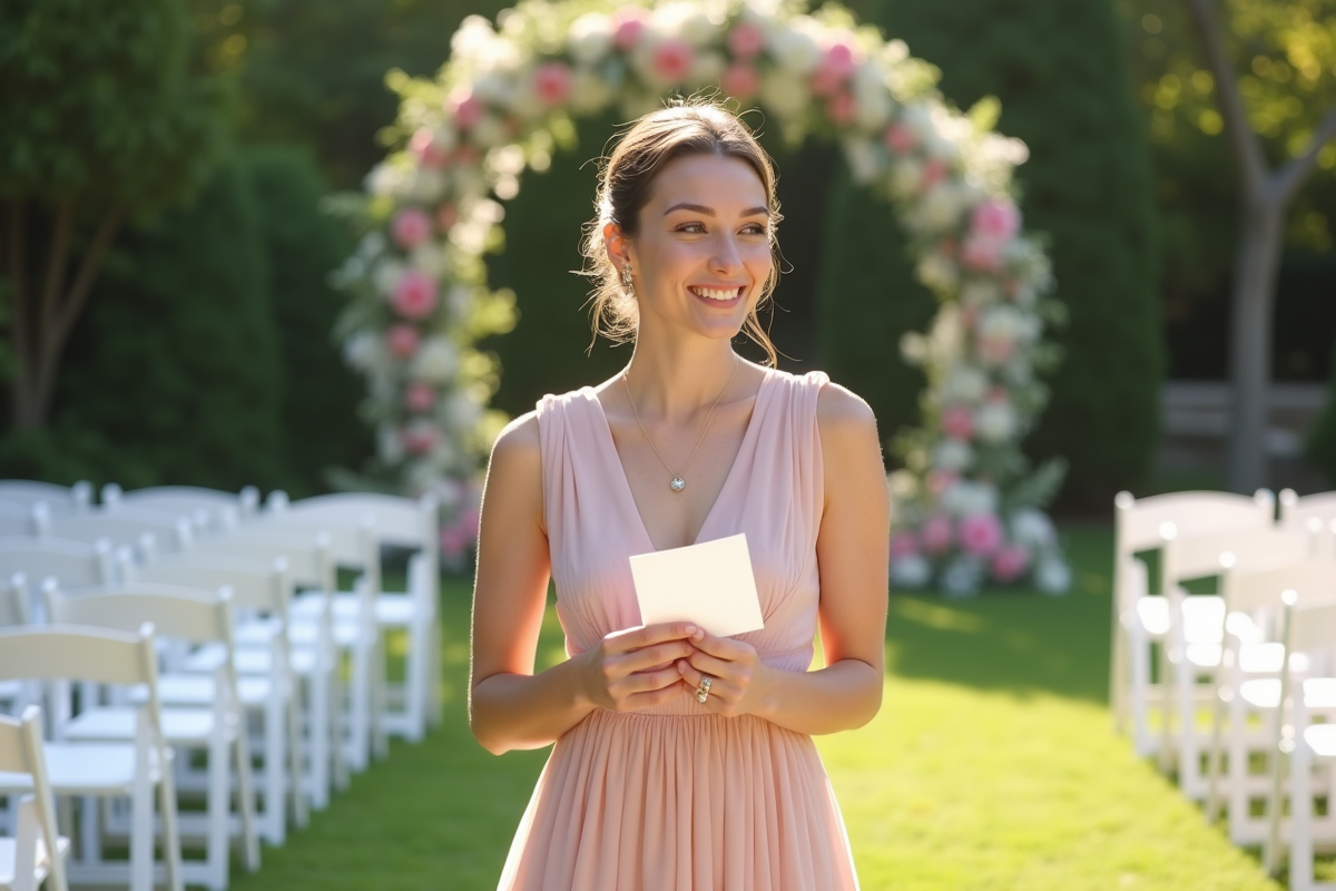 Maître de cérémonie féminin accueillant dans un jardin ensoleille