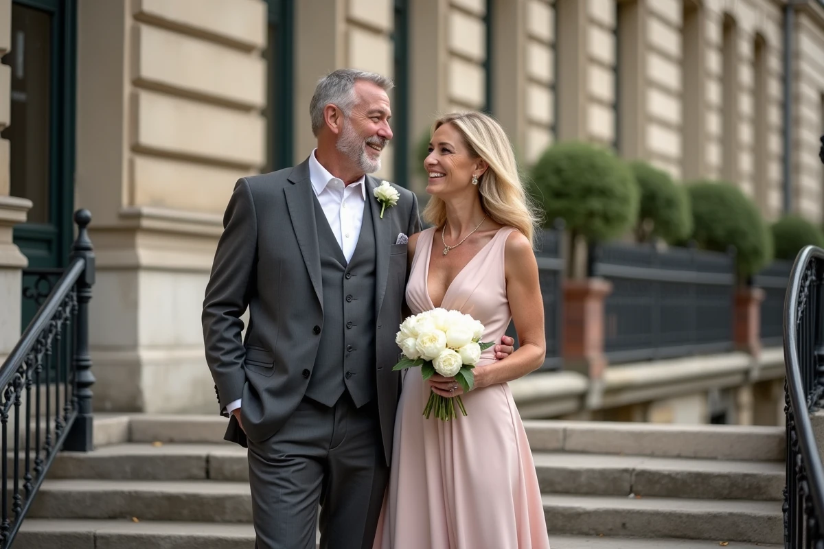 Couple souriant devant un immeuble parisien classique, symbolisant un mariage tardif et un coup de foudre authentique
