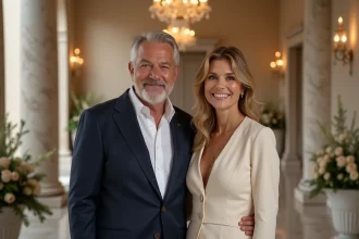 Couple élégant souriant lors d'une réception, illustrant l'histoire d'amour tardive de Marc Toesca