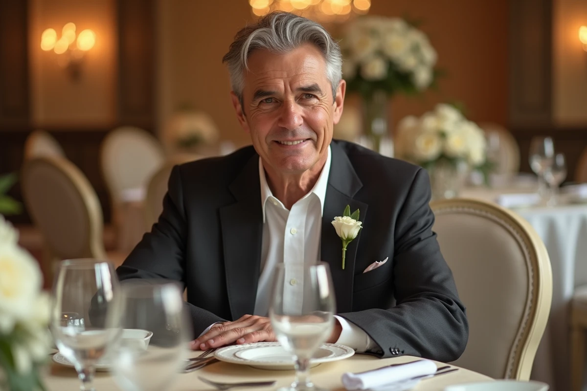 Homme distingué assis à une table de mariage décorée avec élégance, évoquant une union tardive et romantique