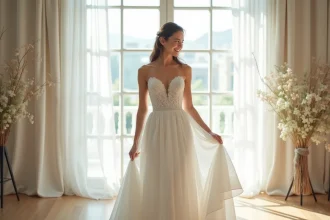 Femme souriante en robe de mariée dans une boutique minimaliste